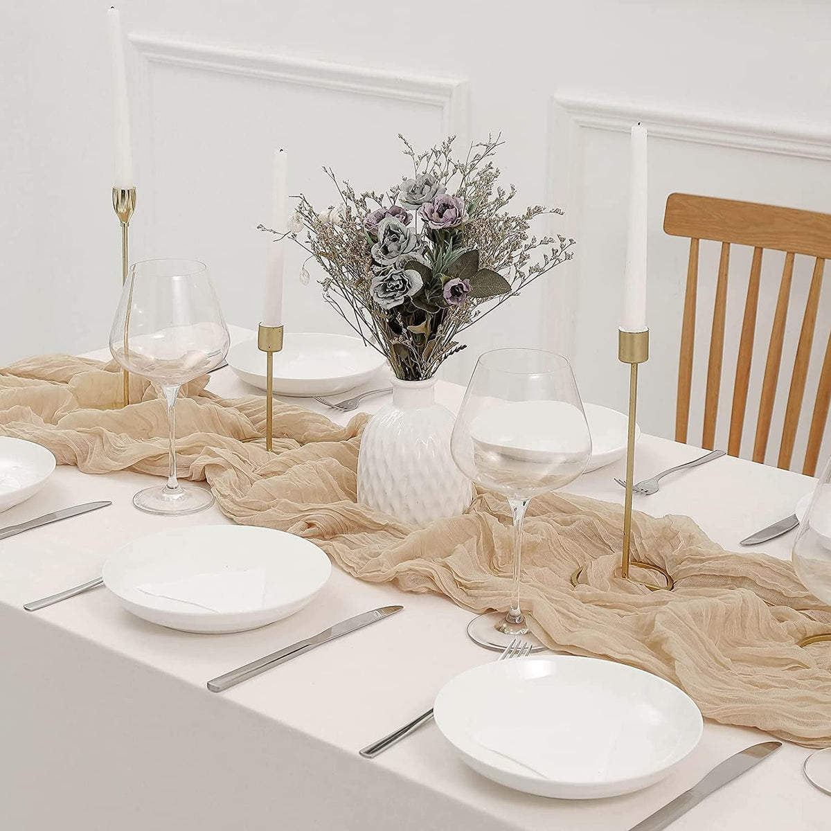12 Pack Beige Cheesecloth Table Runner 10ft Boho Gauze Cheese Cloth Table Runner Rustic Sheer Runner 120 inch Long for Christmas Wedding Bridal Baby Shower Birthday Table Decorations