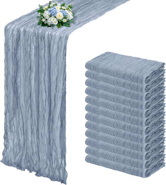 12 Pack Dusty Blue Cheesecloth Table Runner 17x108 Inch Semi Sheer Boho Gauze Cheese Cloth Fabric Table Runners, for Wedding Party Baby Shower Birthday Home Decor Garden Farmhouse