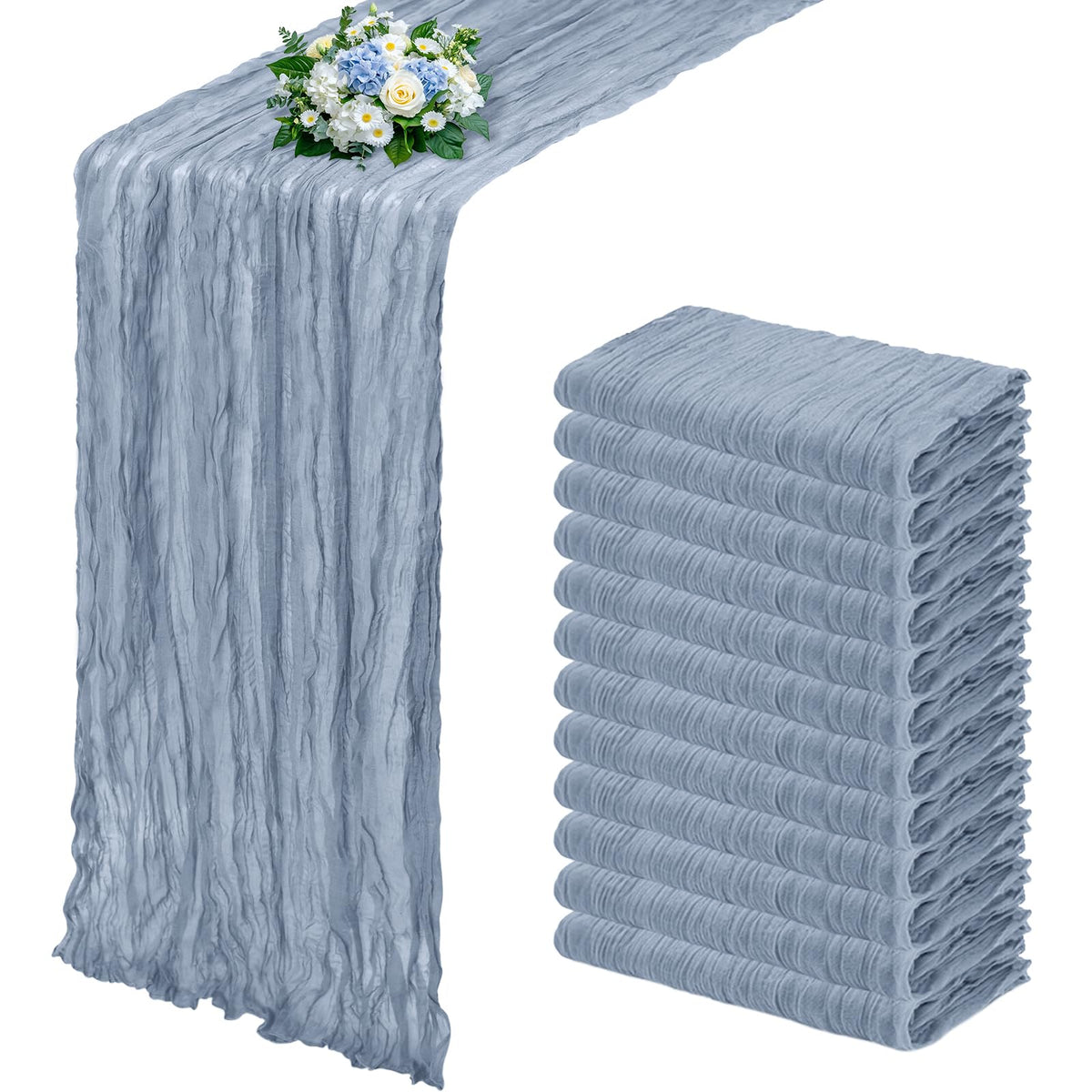 12 Pack Dusty Blue Cheesecloth Table Runner 17x108 Inch Semi Sheer Boho Gauze Cheese Cloth Fabric Table Runners, for Wedding Party Baby Shower Birthday Home Decor Garden Farmhouse