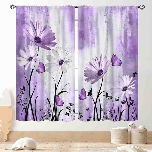 Purple White Daisy Curtains, Farmhouse Floral Drapery 2 Panels, 42x45 Inch