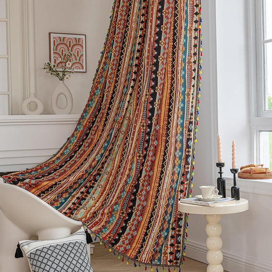 Boho Curtains Geometric Light Filtering Semi-Blackout Window Curtains 84 Inches Long Rod Pocket Drapes for Living Room 2 Panels-Vintage Red