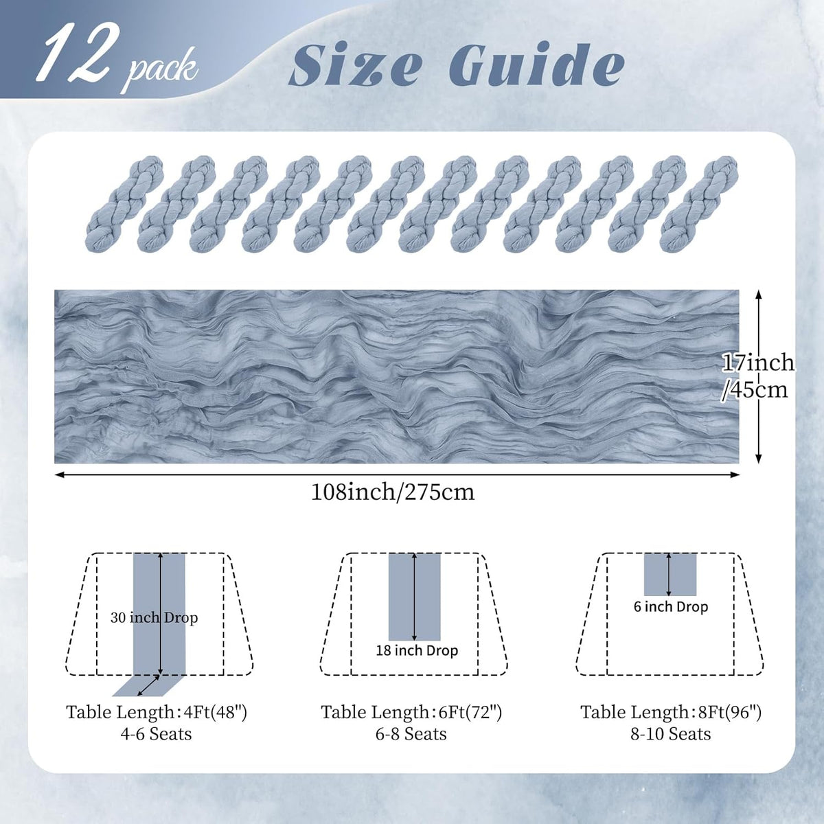 12 Pack Dusty Blue Cheesecloth Table Runner 17x108 Inch Semi Sheer Boho Gauze Cheese Cloth Fabric Table Runners, for Wedding Party Baby Shower Birthday Home Decor Garden Farmhouse
