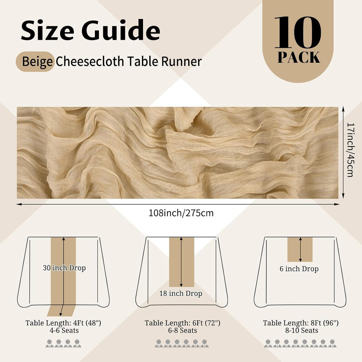 10 Pack Beige Cheesecloth Table Runner 17x108 Inch Semi Sheer Boho Gauze Cheese Cloth Table Runners, for Wedding Bridal Shower Birthday Party Home Decor Garden Farmhouse