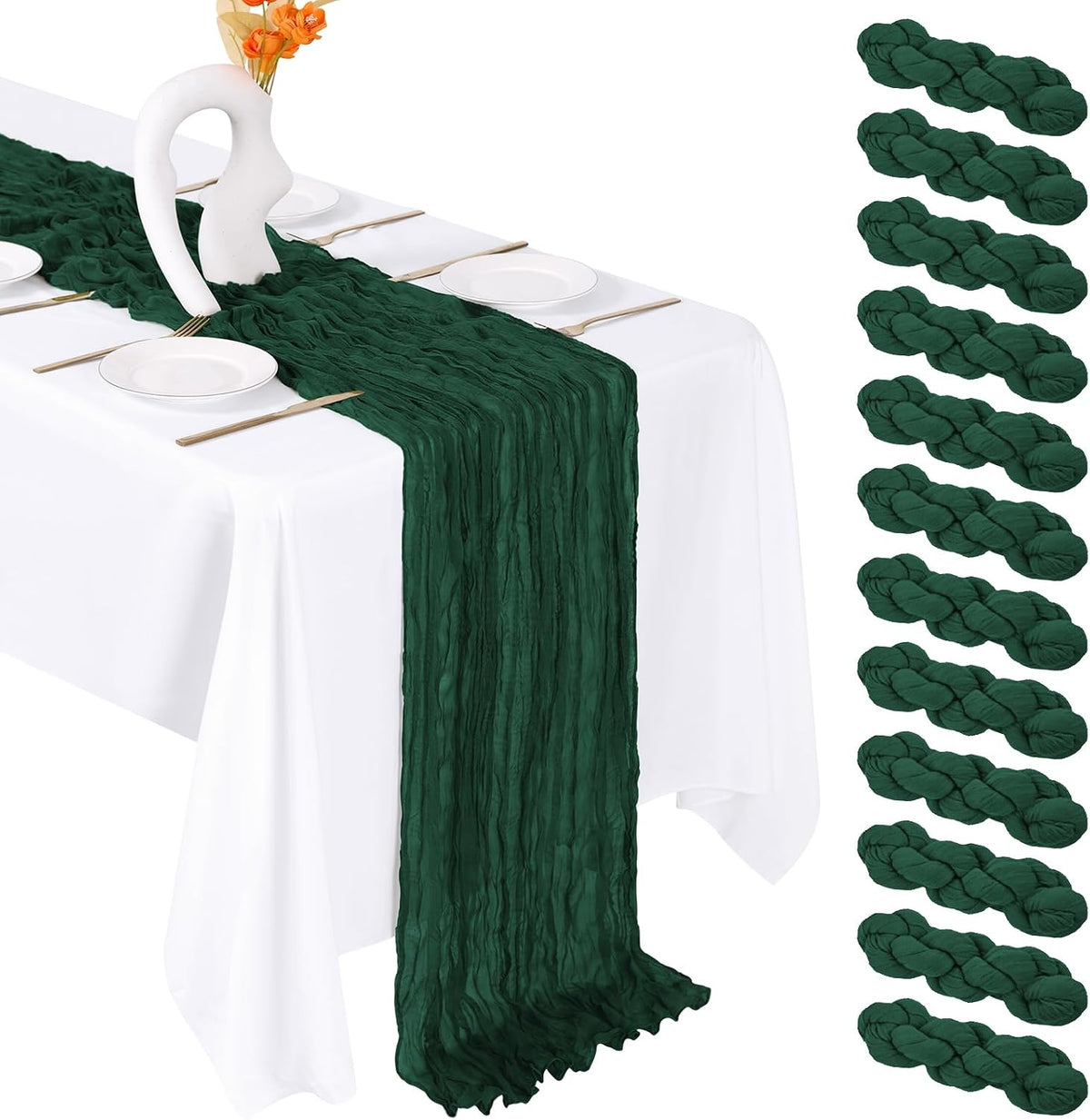 12 Pack Emerald Green Cheesecloth Table Runner 20 x 120 Inch Gauze Table Runner Fabric Semi Sheer Cheese Cloth Table Decor Bulk for Rustic Romantic Wedding Baby Shower Party Table Decoration