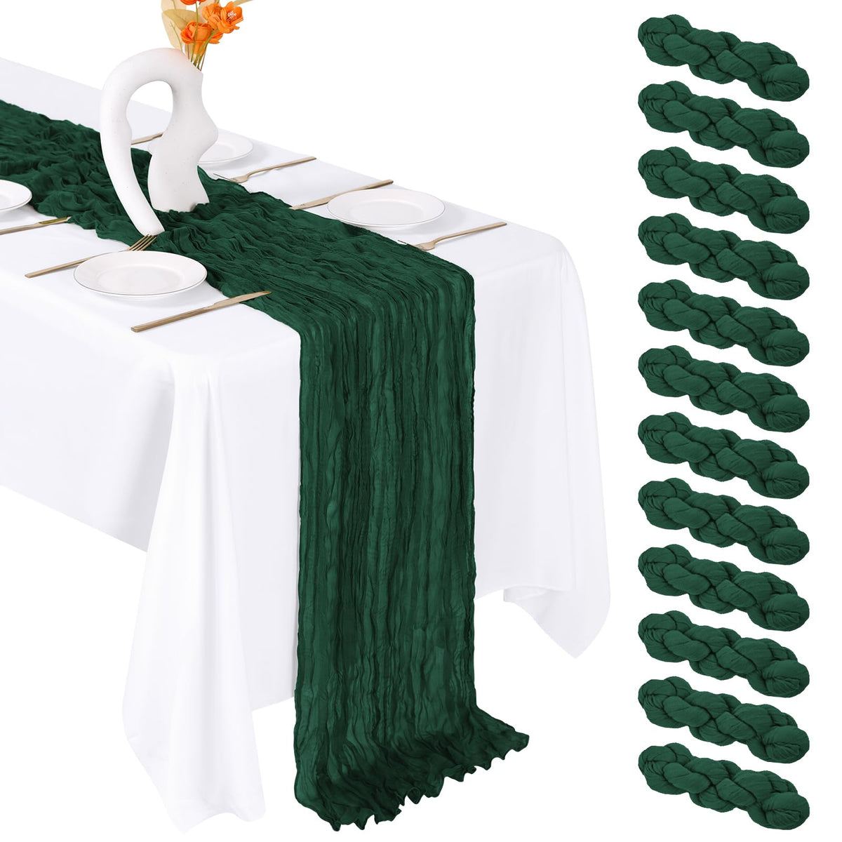 12 Pack Emerald Green Cheesecloth Table Runner 20 x 120 Inch Gauze Table Runner Fabric Semi Sheer Cheese Cloth Table Decor Bulk for Rustic Romantic Wedding Baby Shower Party Table Decoration