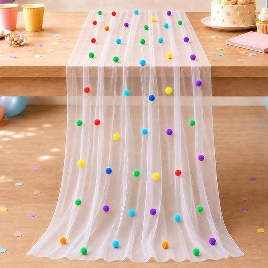 Rainbow Polka Dot Tulle Table Runner 10 Ft 3D Confetti Cheesecloth