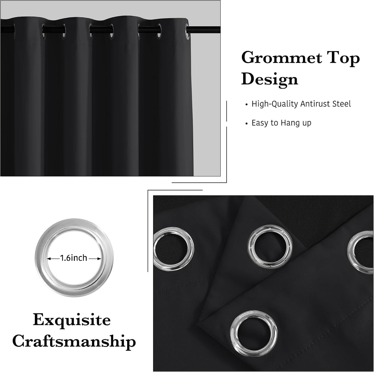 RYB HOME 100% Blackout Black Curtains for Bedroom Living Room 84 inch Long