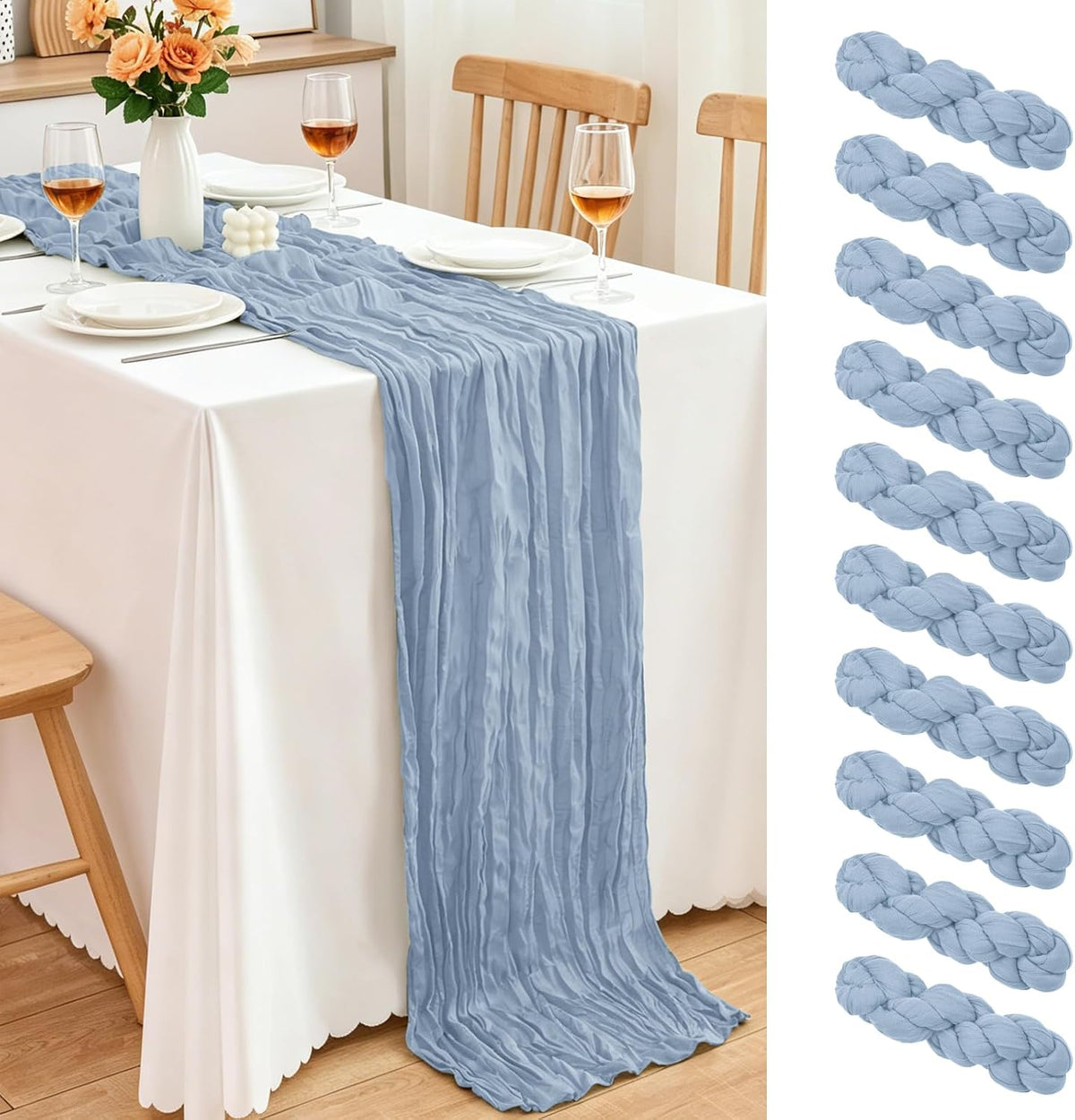 10 Pack Dusty Blue Cheesecloth Table Runner, 17x108 Inch Semi Sheer Boho Gauze Cheese Cloth Fabric Table Runners for Wedding Party Baby Shower Birthday Garden Farmhouse Table Decor