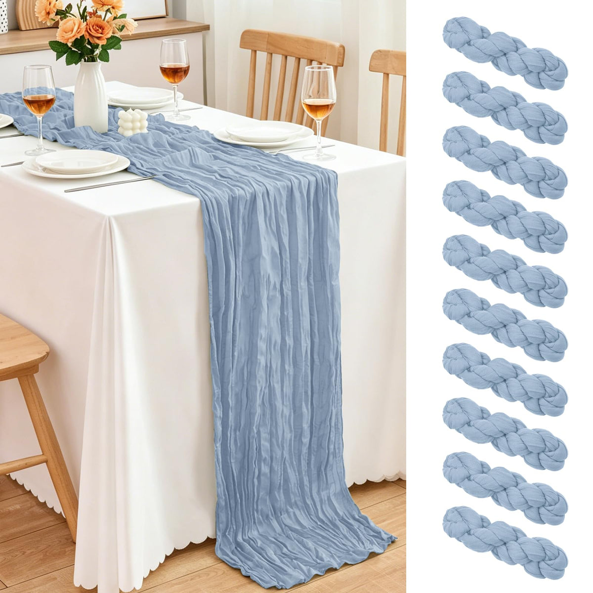 10 Pack Dusty Blue Cheesecloth Table Runner, 17x108 Inch Semi Sheer Boho Gauze Cheese Cloth Fabric Table Runners for Wedding Party Baby Shower Birthday Garden Farmhouse Table Decor
