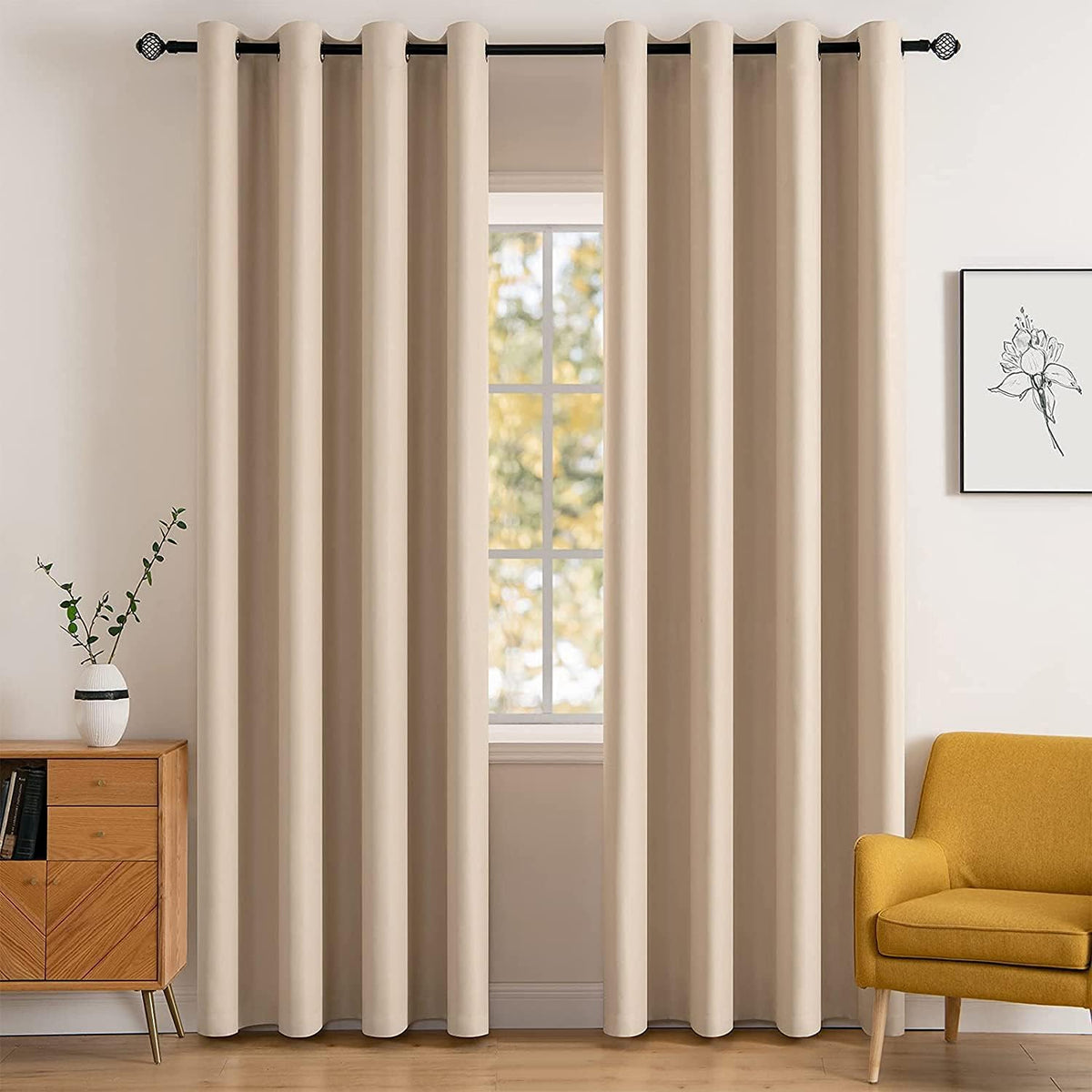 MIULEE Beige Blackout Bedroom Curtains 63 Inch Long Light Blocking