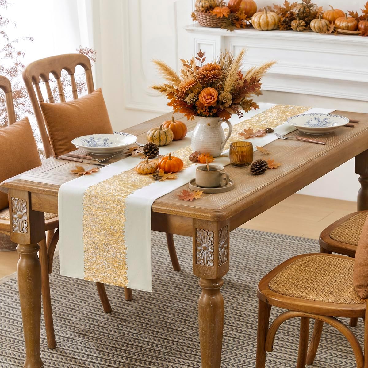 Metallic Style Gold Fall Table Runner, Table Runners 72 Inches Long