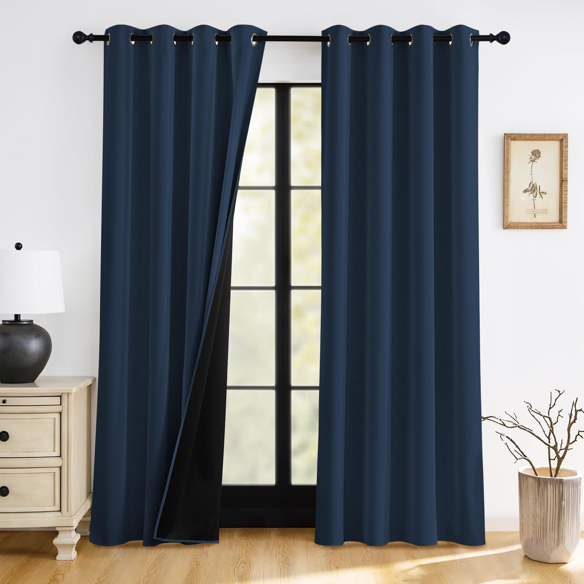 RYB HOME 100% Blackout Black Curtains for Bedroom Living Room 84 inch Long