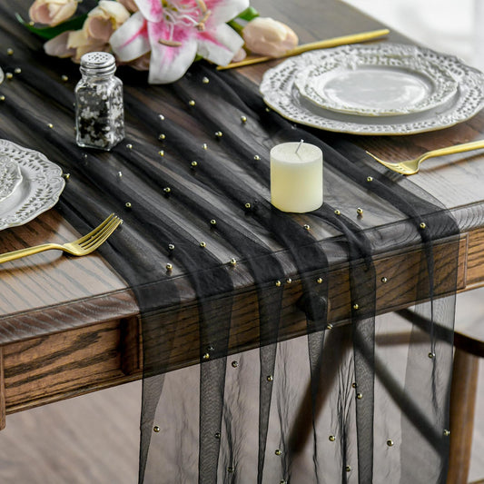 Artoid Mode Pearl Black Gauze Table Runner 10FT Home Decor