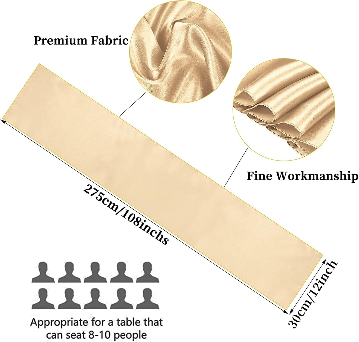 10-Pack Champagne 12 x 108 inches Long Premium Satin Table Runner