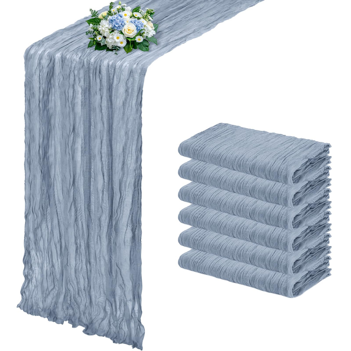 12 Pack Dusty Blue Cheesecloth Table Runner 17x108 Inch Semi Sheer Boho Gauze Cheese Cloth Fabric Table Runners, for Wedding Party Baby Shower Birthday Home Decor Garden Farmhouse