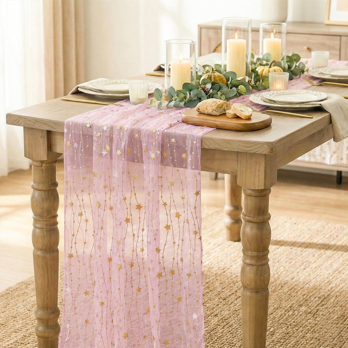 Artoid Mode Stars Pink Gauze Table Runner 10FT, Glitter Metallic Foil Sheer Dining Wedding Anniversary Holiday Birthday Table Decor for Home Party