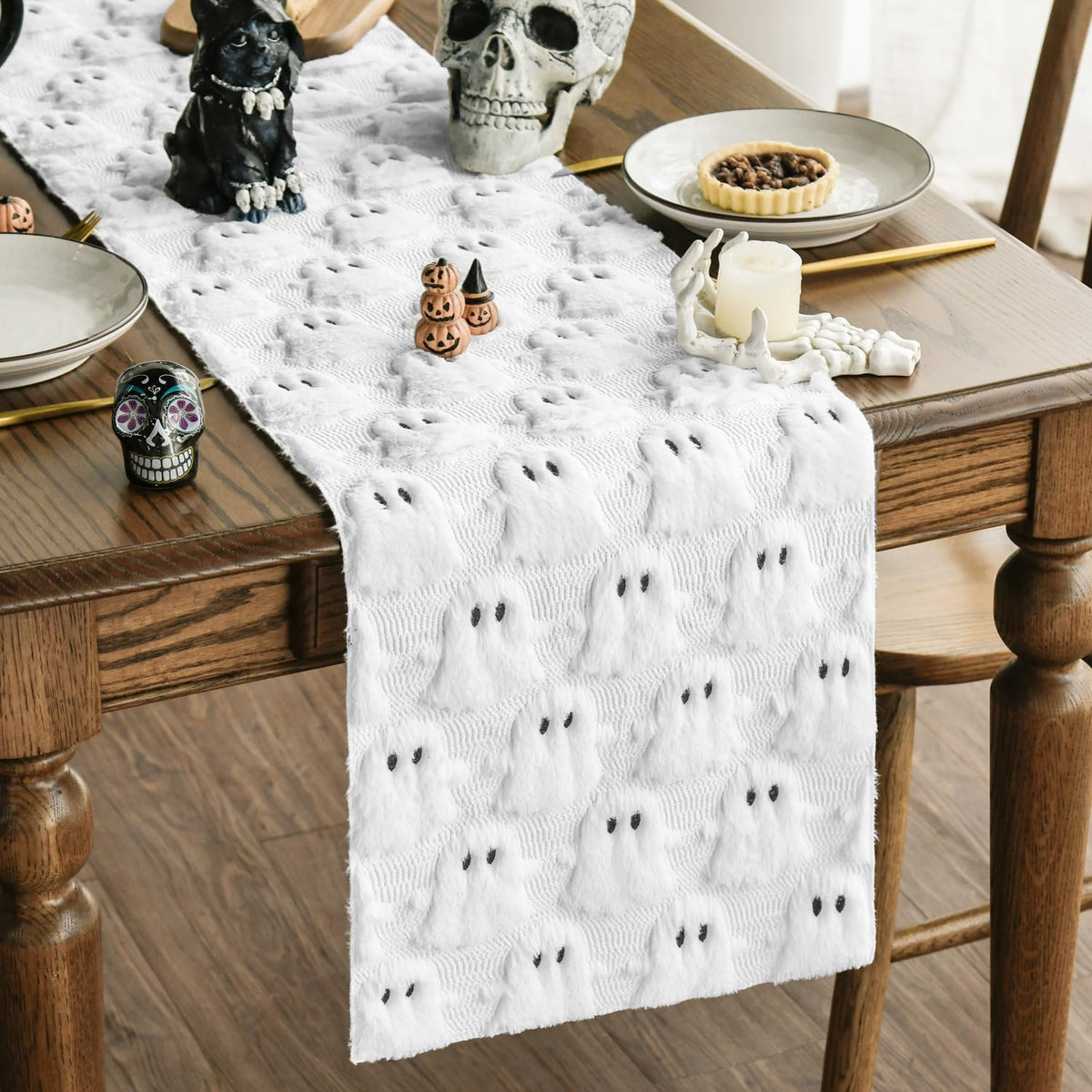 Artoid Mode Black Soft Faux Fur Ghost Halloween Table Runner 13x90 Inch