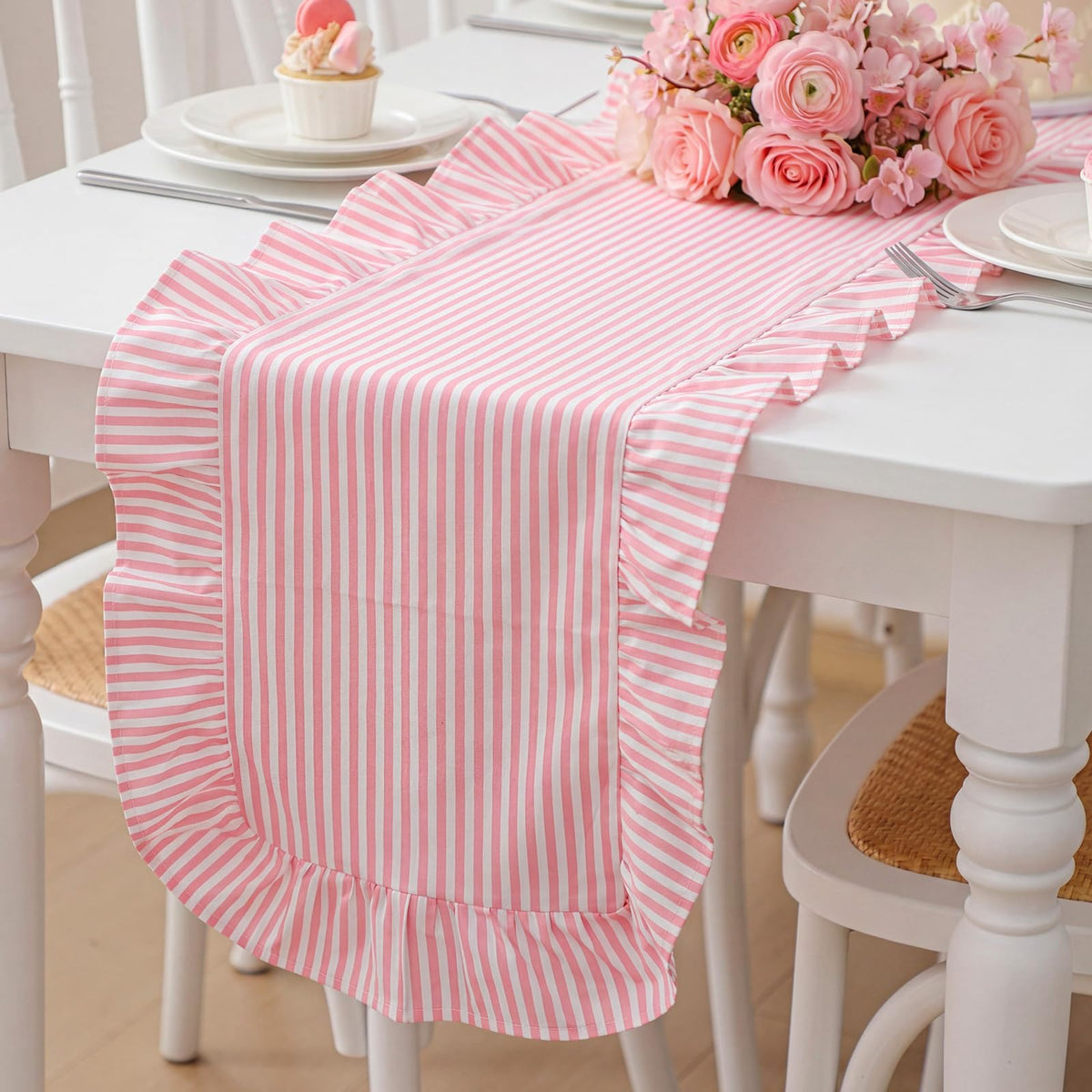 Ruffled Table Runner, Vertical Stripe Yellow, Natural Cotton