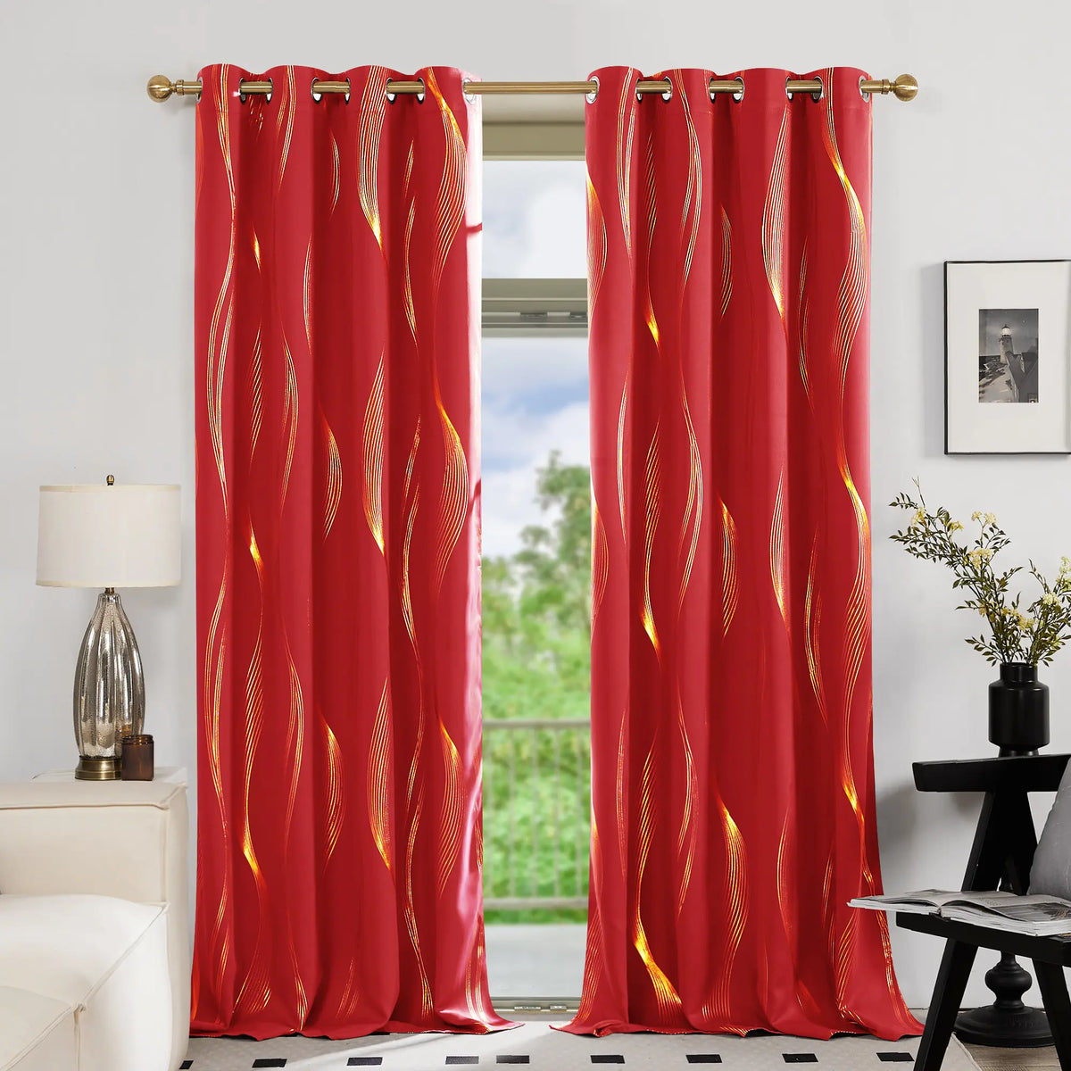 Deconovo 3m Blackout Double Curtains - 2 Panels High-Quality Poly Golden Wave Stripe Print Modern Drapes, Thermal Insulated, Soundproof Grommet Drapery, UV Glare Shield, Hand-Wash Only Privacy Blackout Shade for Living Room Decor,sohochic