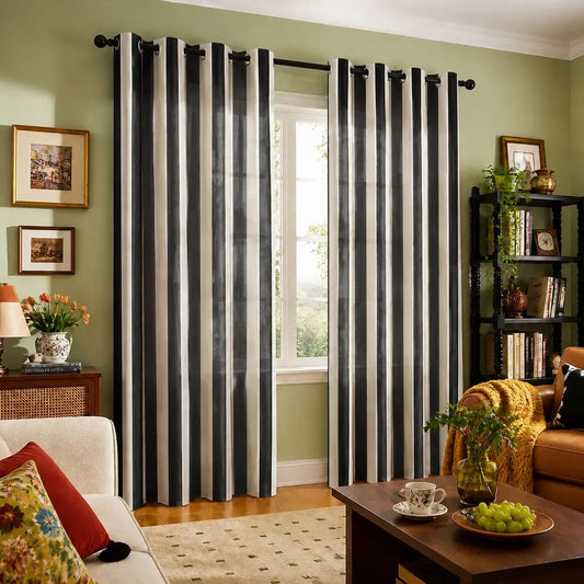 Black and white vertical stripe curtains, Window Curtain, home decoration curtain, Home Decorative Curtain, 2-piece set of semi transparent curtains, modern minimalist style, suitable for living rooms, bedrooms - machine washable polyester fabric