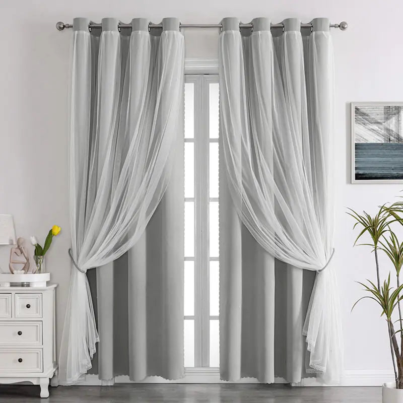 French Romantic Two-Layer Cloth Light-Blocking Finished Curtain, Fashionable Grommet Drapery for Living Room, Stylish and Trendy Window Covering, Window Drapes, Interior Decoration Accessories, Home Decorative Curtain