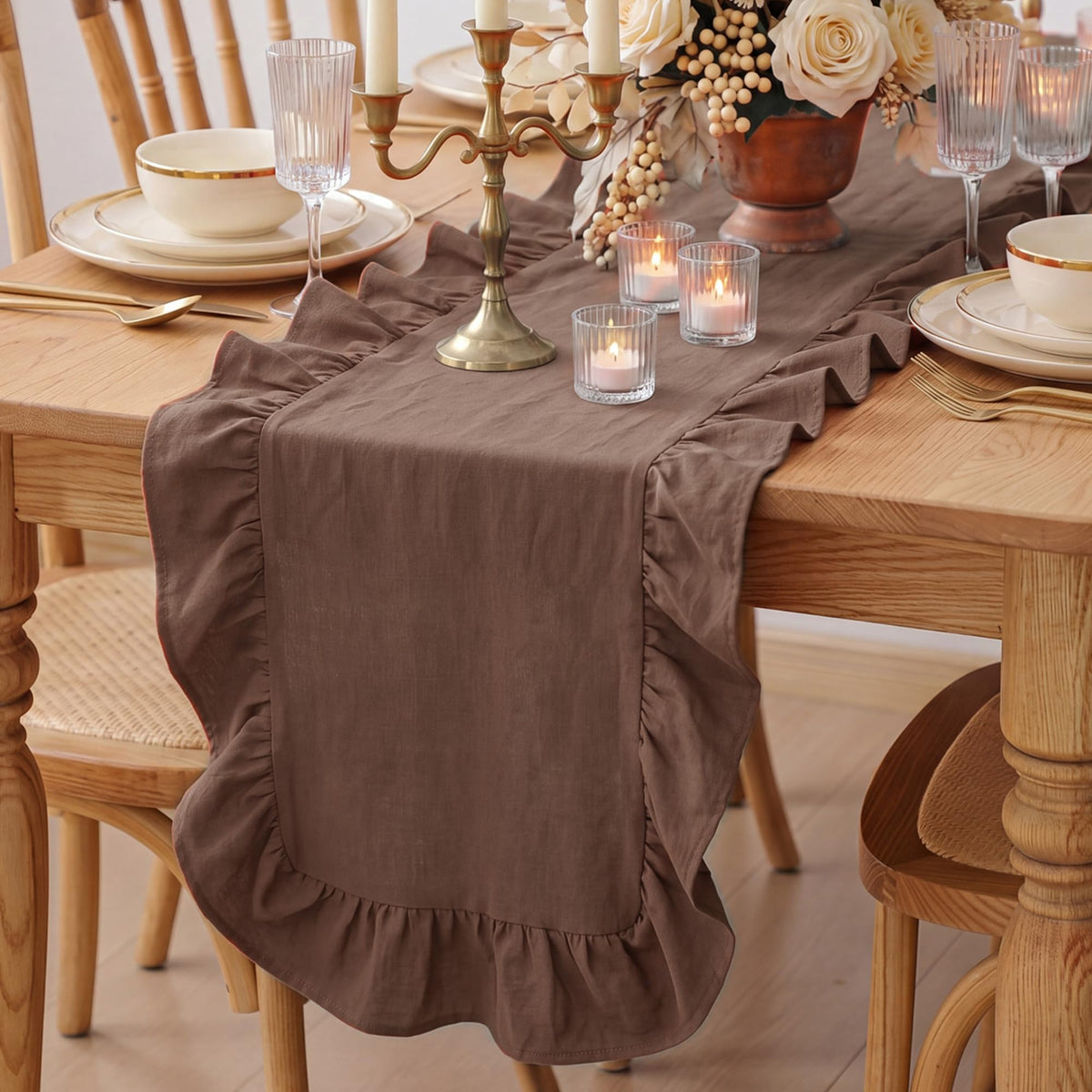 Ruffled Table Runner, Vertical Stripe Yellow, Natural Cotton