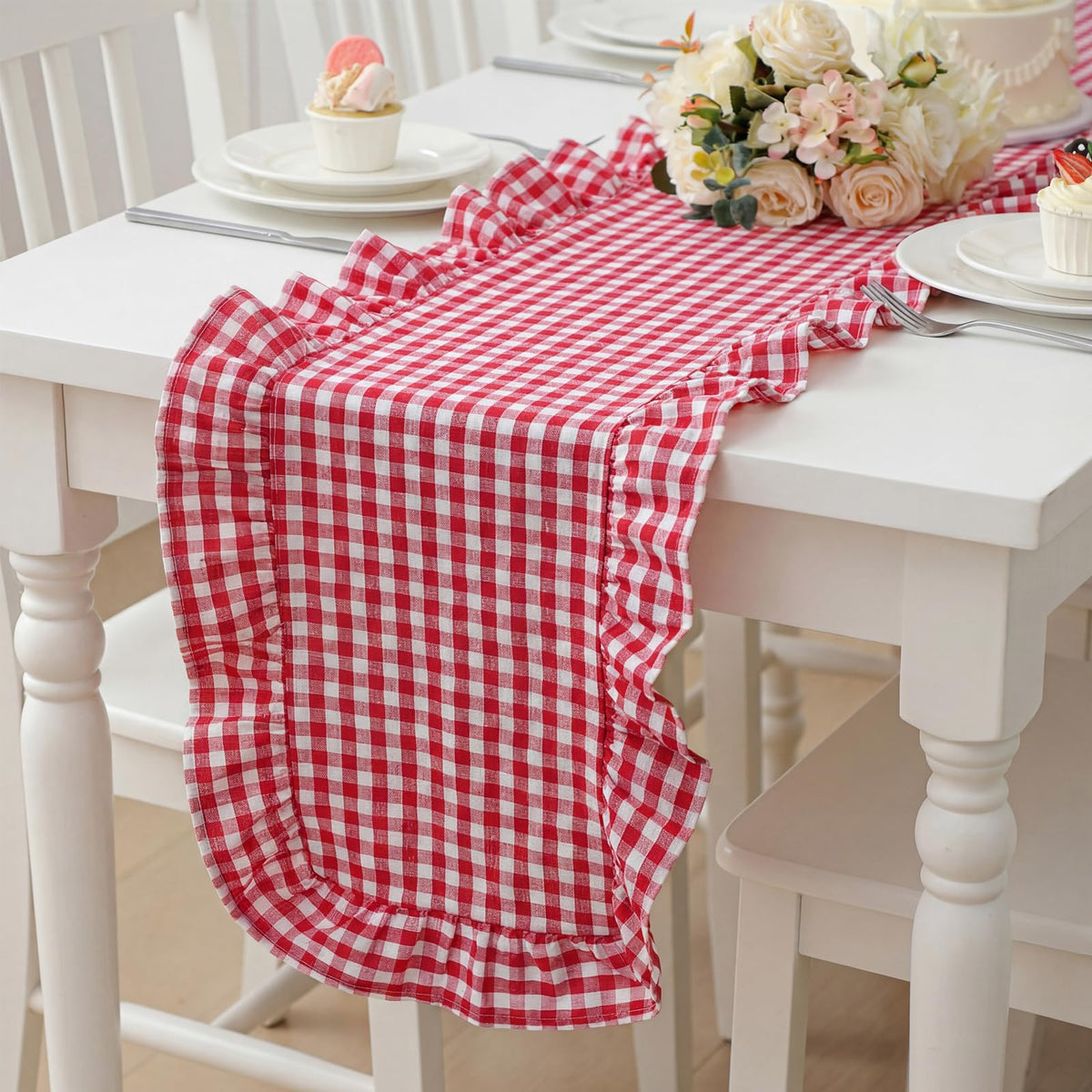 Ruffled Table Runner, Vertical Stripe Yellow, Natural Cotton