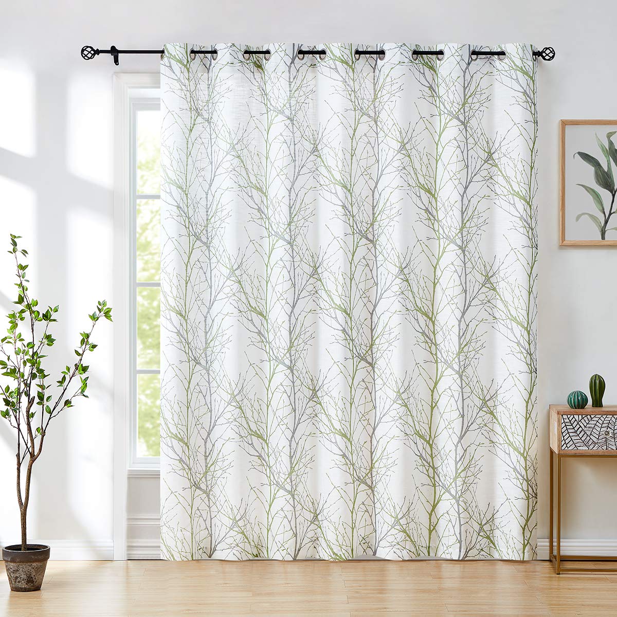 FMFUNCTEX Linen Blue White Semi Sheer Print Curtains 84 Inch Long 2 Panels