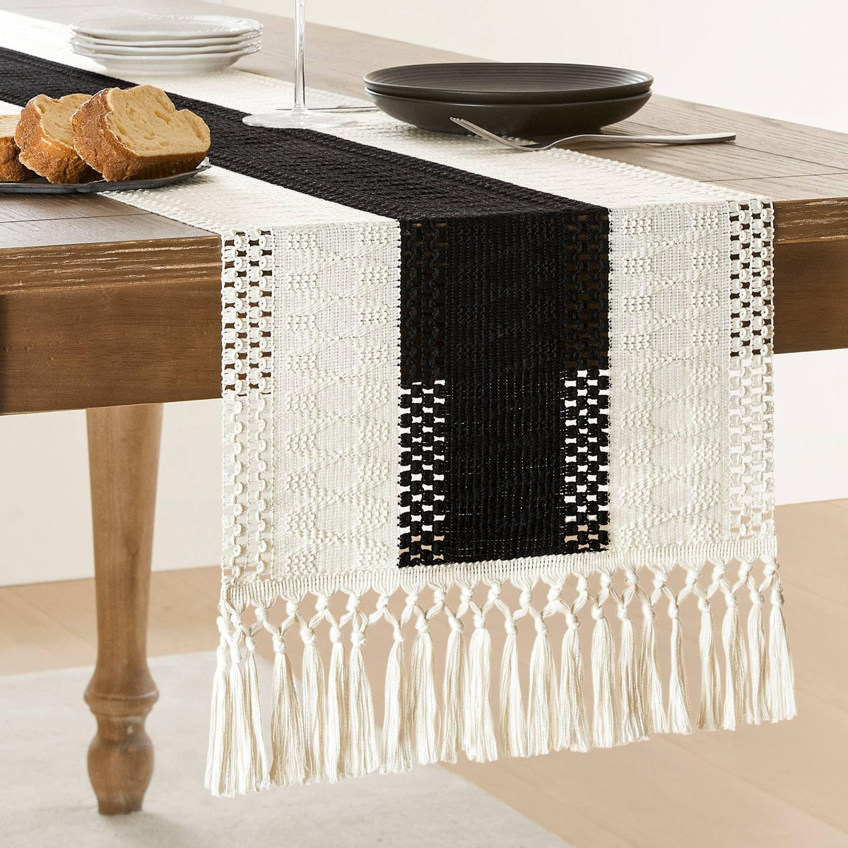 ZeeMart Macrame Style Bicolor Stitching Table Runner 14x72in Green