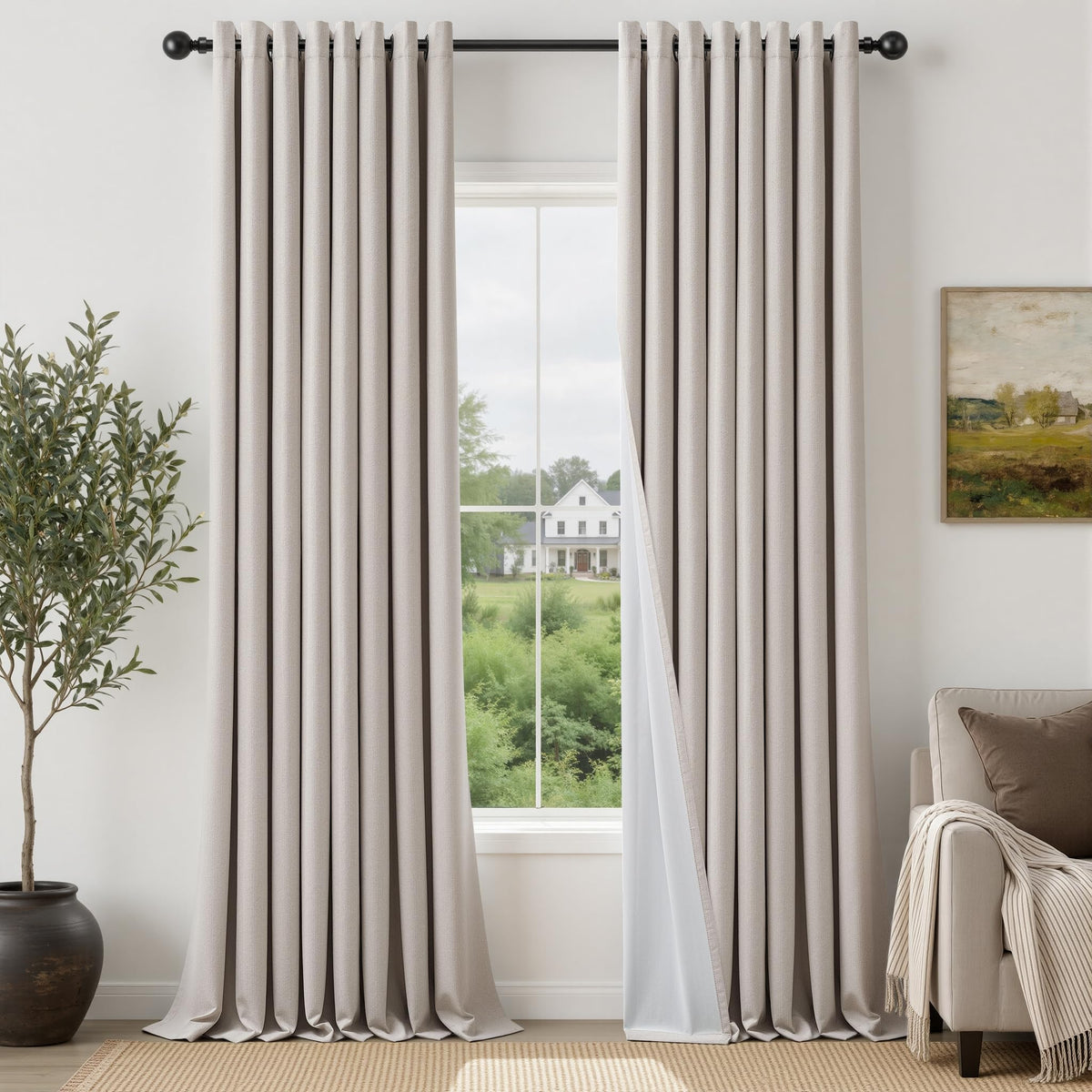 Natural Ivory 100% Blackout Grommet Linen Curtains 90 Inch Long 2 Panels