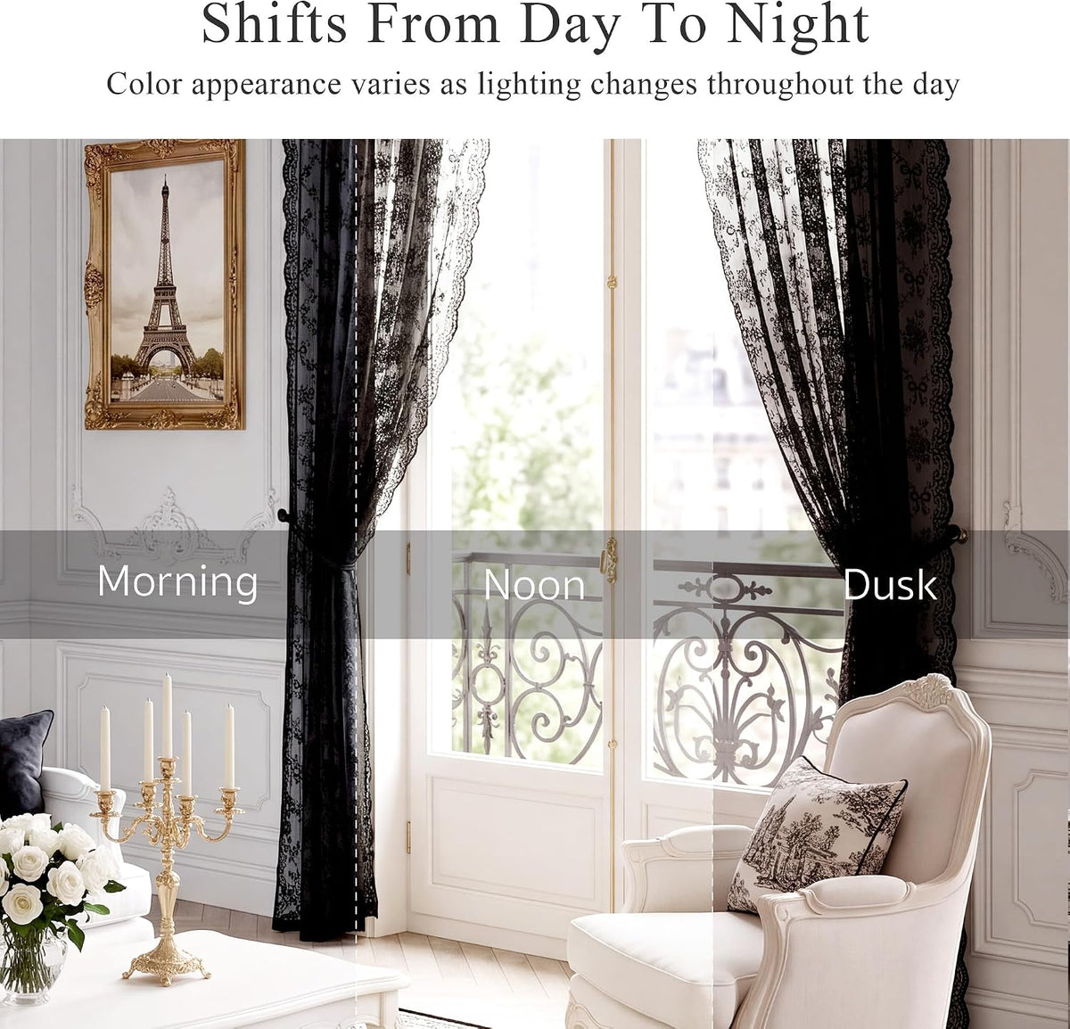 PONY DANCE Black Sheer Lace Curtains 63 Inches Long, 2 Panels, 52W x 63L