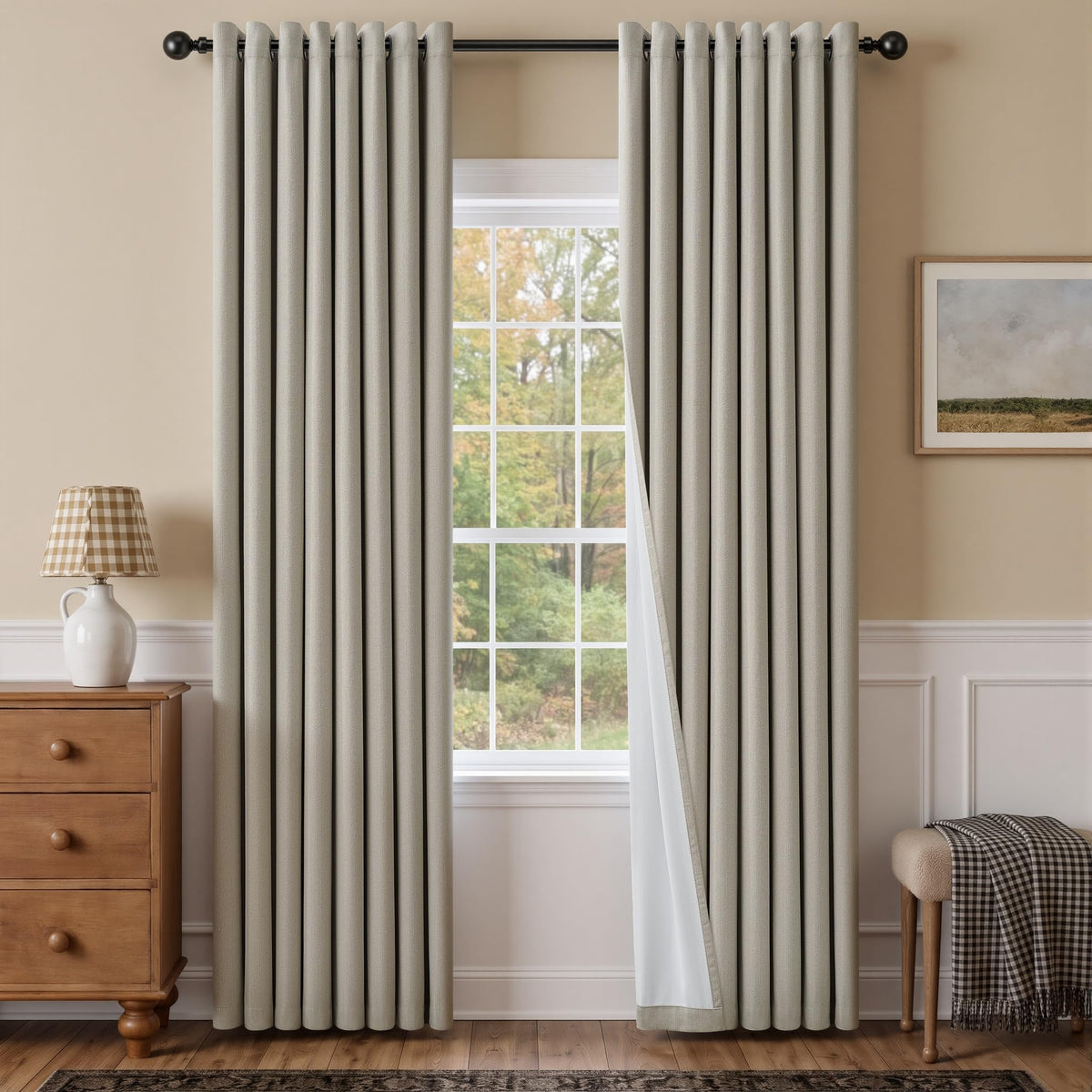 Natural Ivory 100% Blackout Grommet Linen Curtains 90 Inch Long 2 Panels