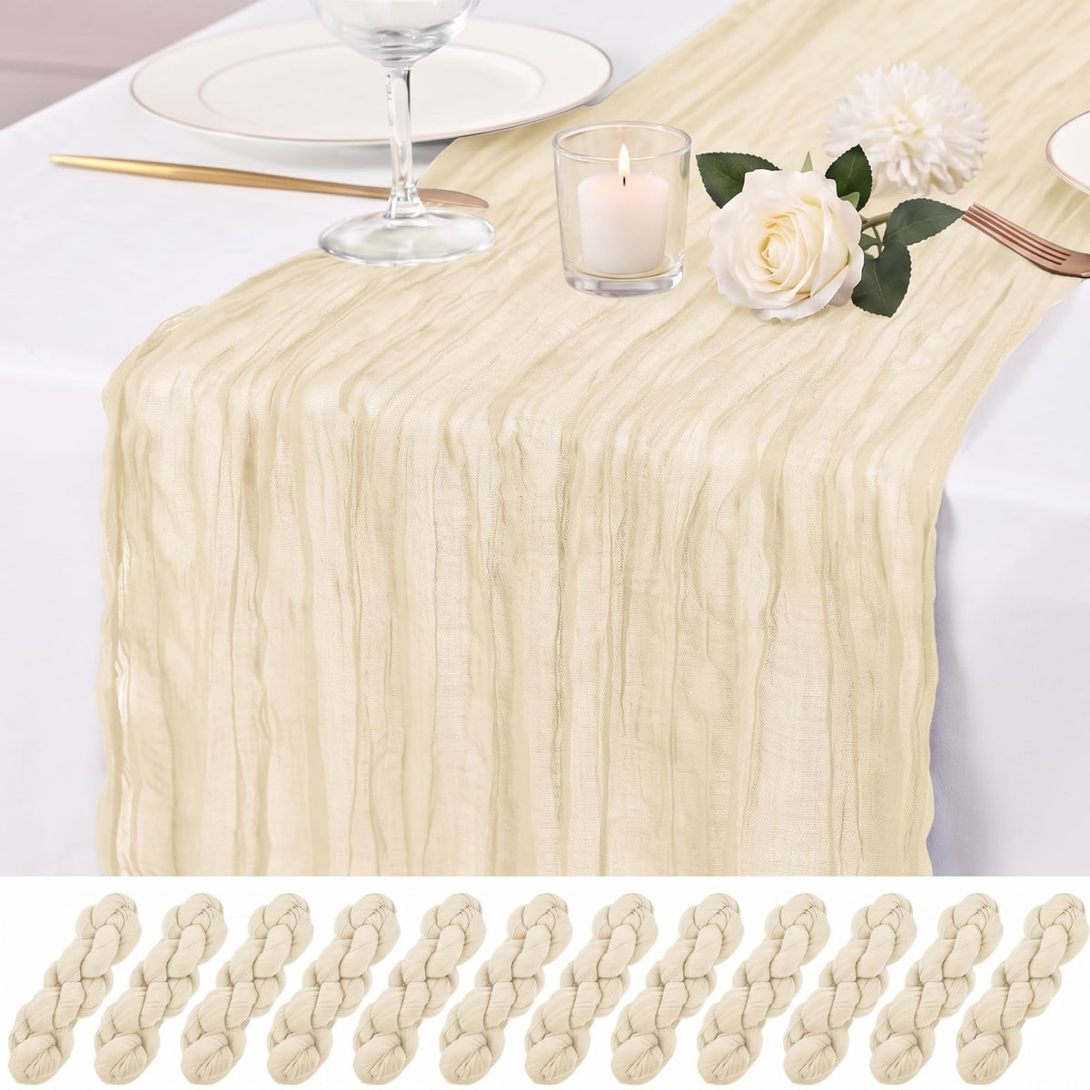 12 Pack Dusty Rose Cheesecloth Table Runner 17x108 Inch Boho Rustic Semi Sheer Gauze Cheese Cloth Table Runner for Wedding Bridal Shower Baby Shower Party Farmhouse Dining Table Decor