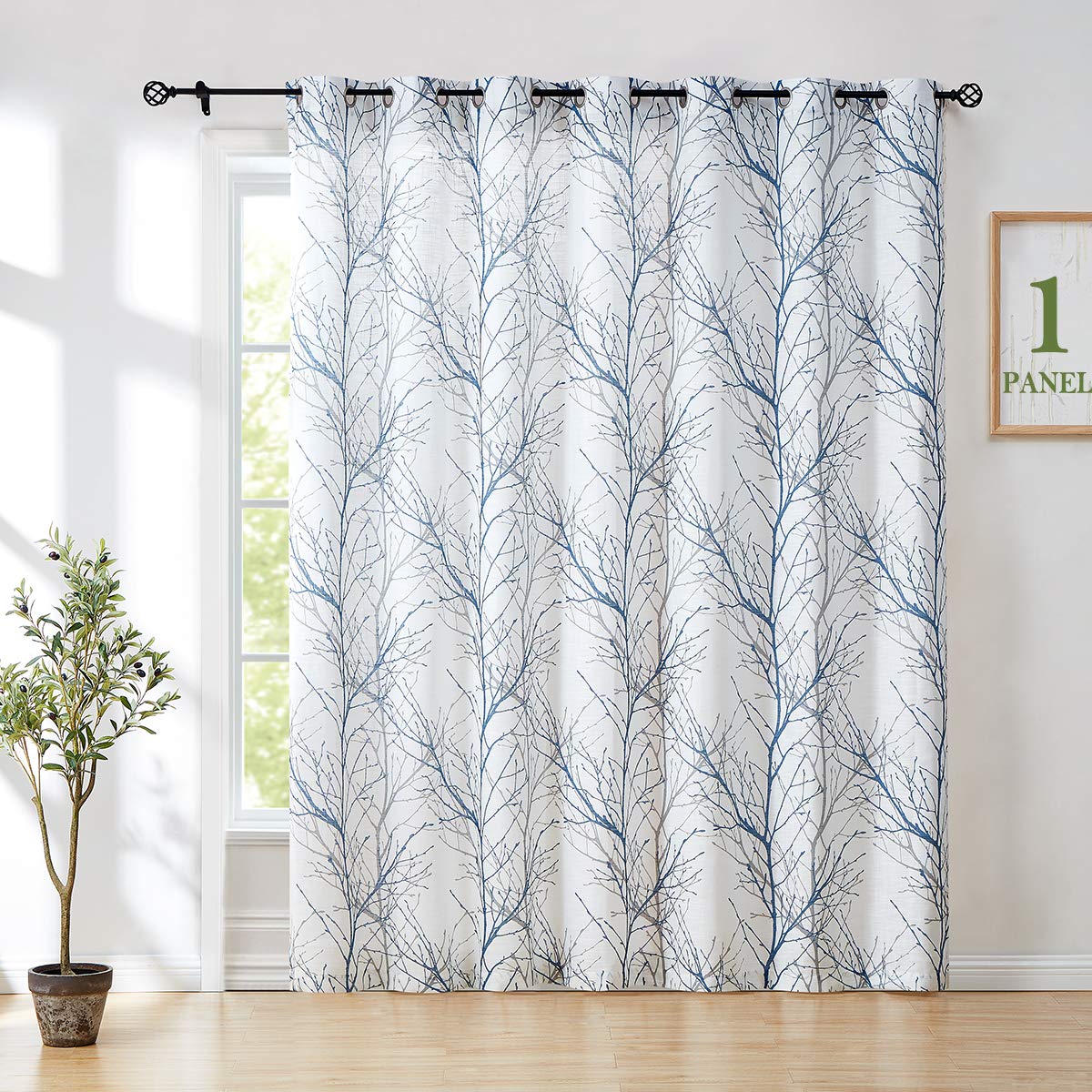 FMFUNCTEX Linen Blue White Semi Sheer Print Curtains 84 Inch Long 2 Panels