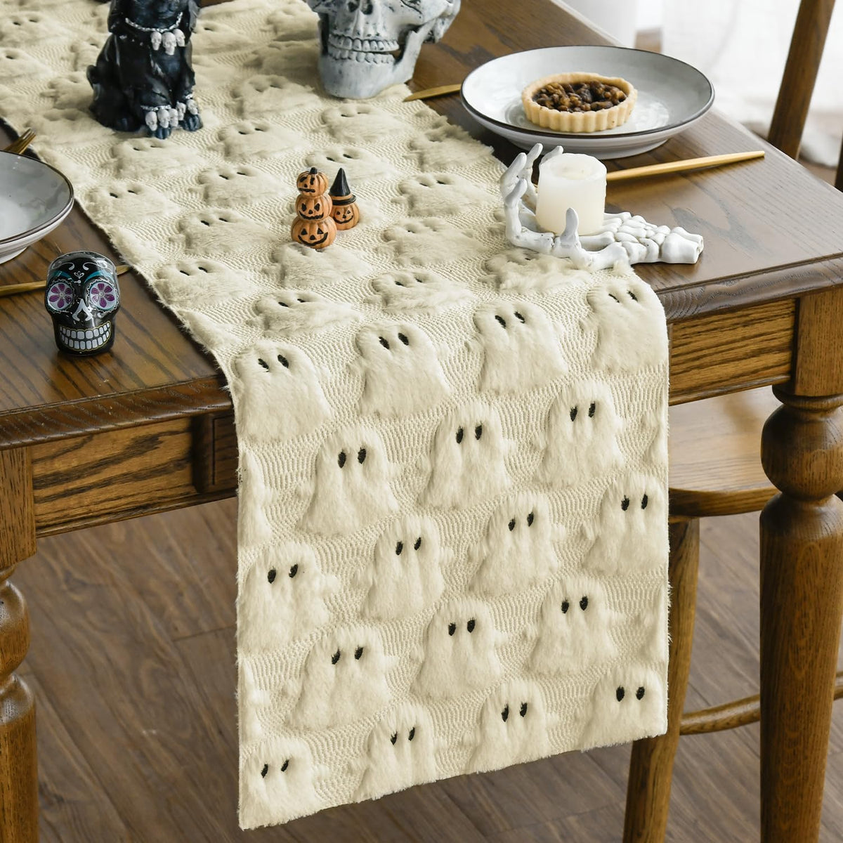 Artoid Mode Black Soft Faux Fur Ghost Halloween Table Runner 13x90 Inch