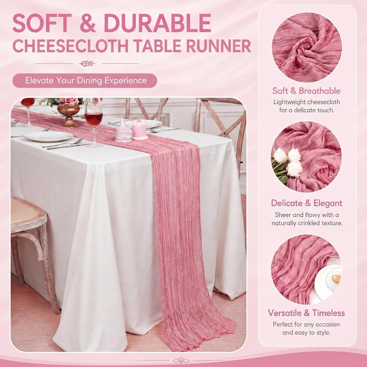 12 Pack Dusty Rose Cheesecloth Table Runner 17x108 Inch Boho Rustic Semi Sheer Gauze Cheese Cloth Table Runner for Wedding Bridal Shower Baby Shower Party Farmhouse Dining Table Decor