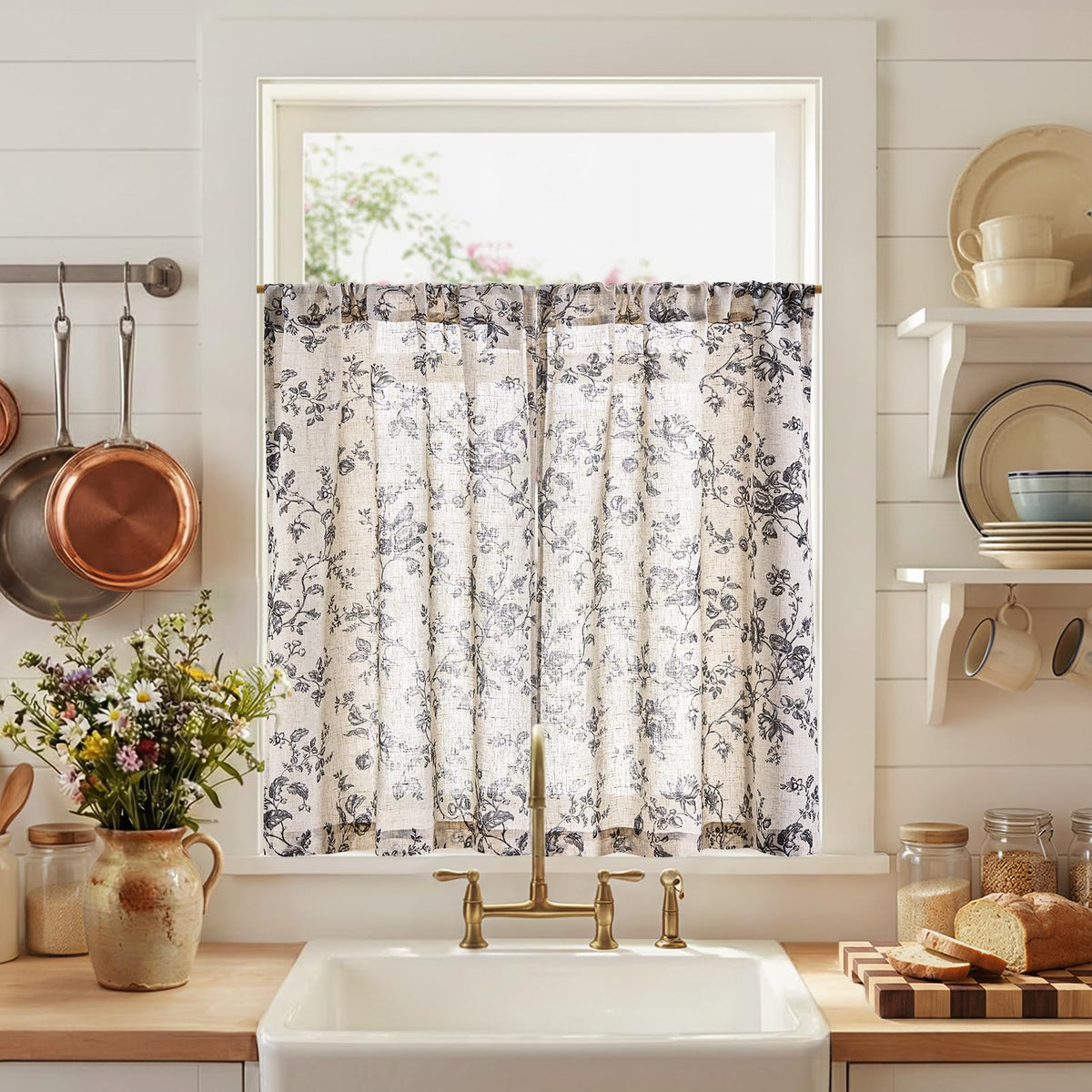 jinchan Floral Linen Kitchen Tier Curtains, 36 Inch, 2 Panels, Green