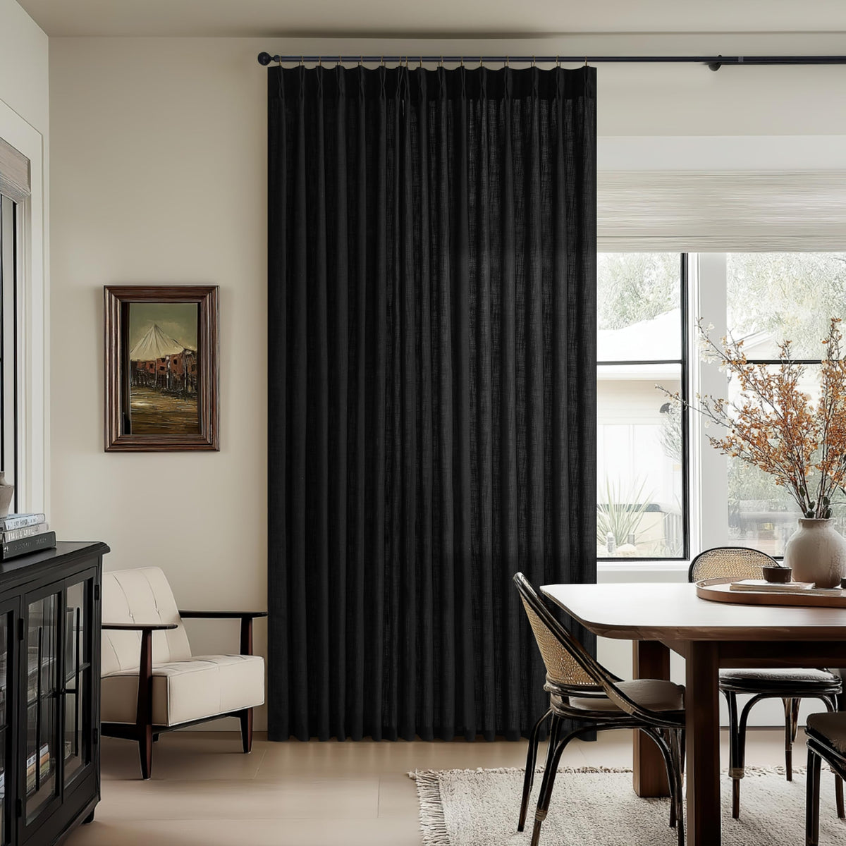 Natural Pinch Pleated Linen Blend Semi Sheer Window Curtains 90 Inches Long