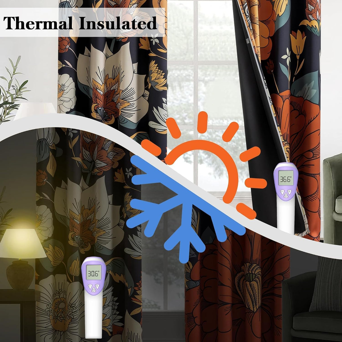 Tyrot Black Boho Floral Grommet Blackout Curtains, 52W x 84L, 2 Panels