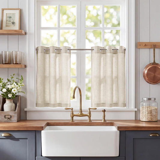 NICETOWN Beige Linen Short Curtains 36 Inches Long for Kitchen, Farmhouse Semi Sheer Light Filtering Privacy Grommet Short Drapes for Basement Bedroom, Window 2 Panels, 34 x 36 Inch