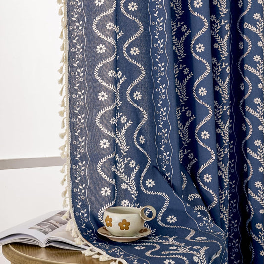 Navy Blue Boho Curtains 84 Inch Long for Living Room, Bedroom, 2 Panels Floral Farmhouse Vintage Tassel Semi Sheer Light Filtering Privacy Window Curtain Drapes with Rod Pocket, Navy Blue