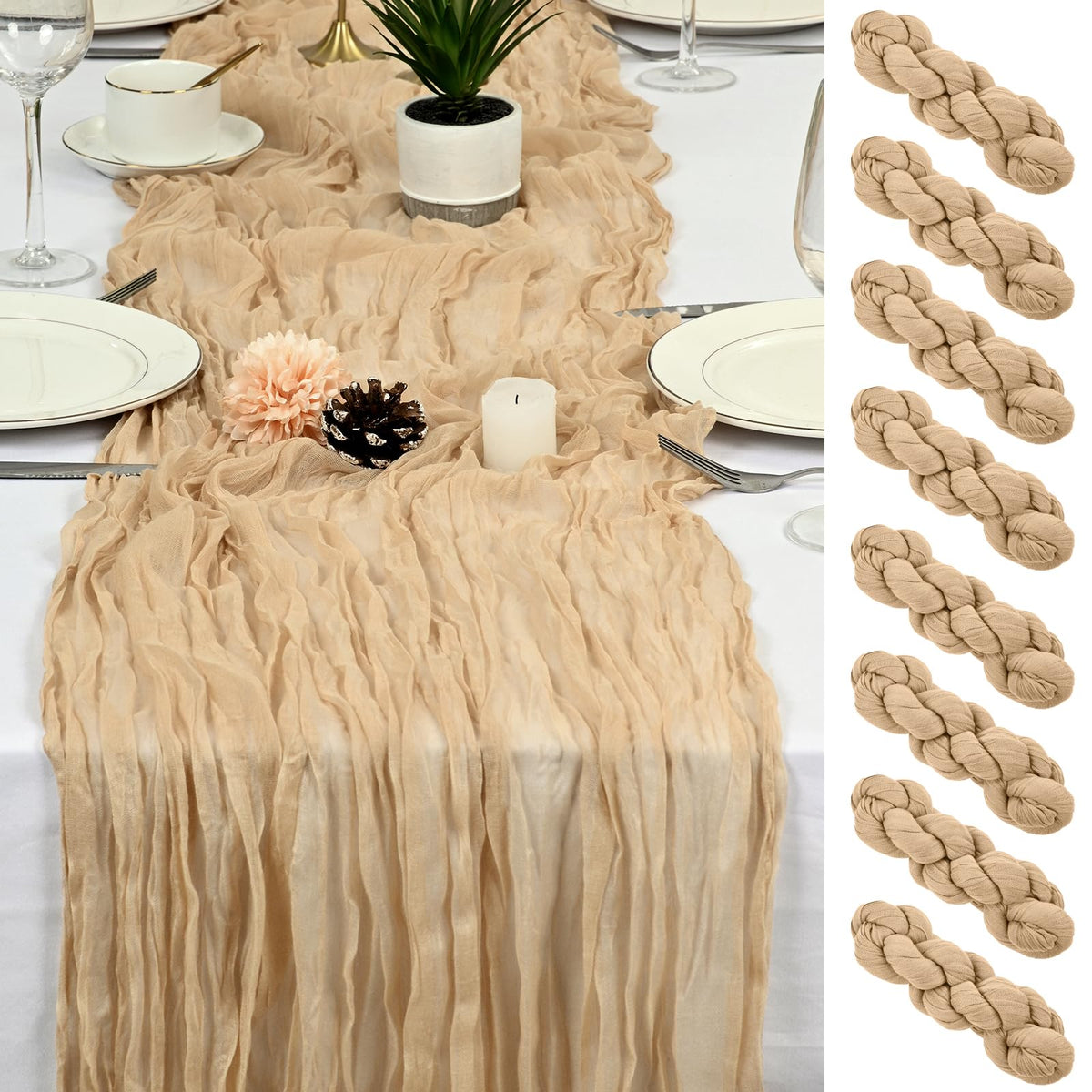 8 Pack Gold Cheesecloth Table Runner 17x108 inch Boho Gauze Cheese Cloth Table Runners for Wedding Party Baby Bridal Shower Home Decor