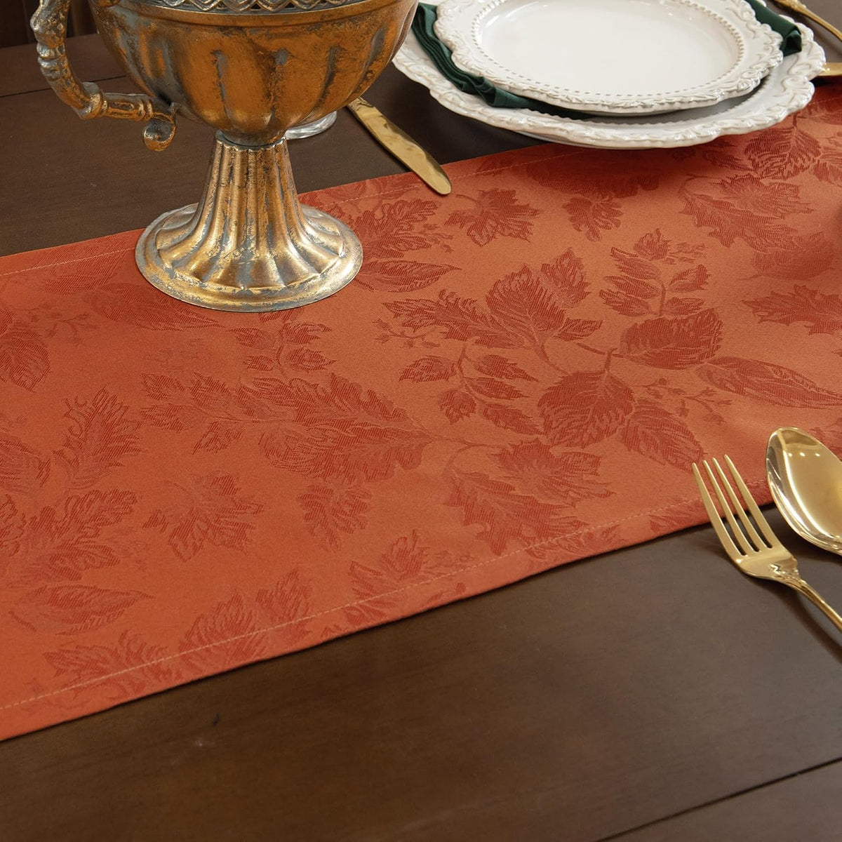 Joyfol Day Jacquard Autumn Table Runner,Fall Countryside Leaves Thanksgiving Table Runners,Waterproof Kitchen Dining Harvest Holiday Tabletop Decoration(14x36 Inch,Rust/Burnt Orange)