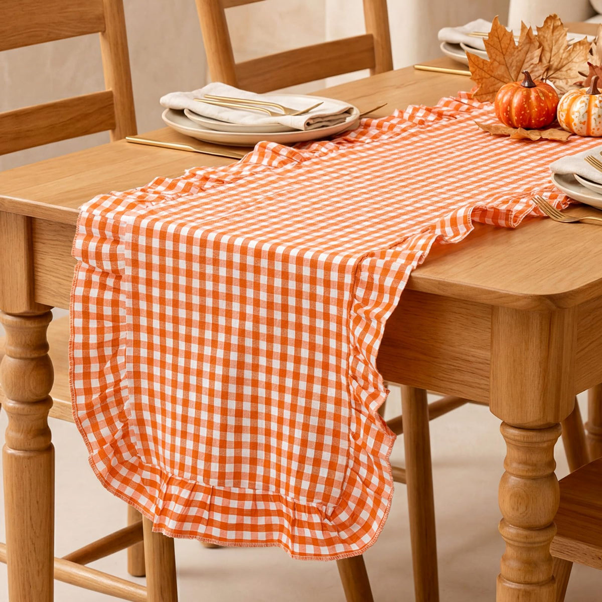 Ruffled Table Runner, Vertical Stripe Yellow, Natural Cotton