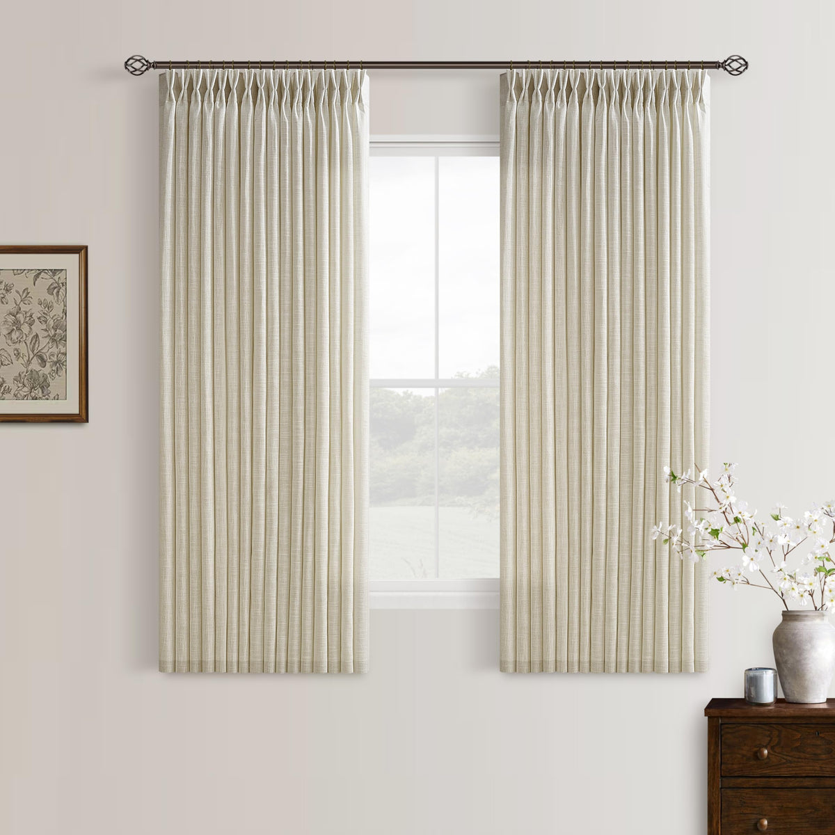 Natural Pinch Pleated Linen Blend Semi Sheer Window Curtains 90 Inches Long