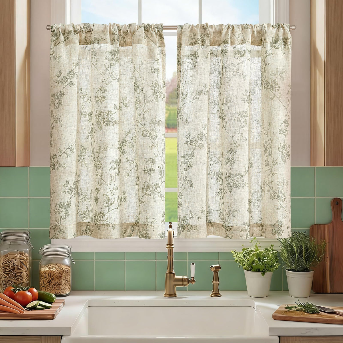 jinchan Floral Linen Kitchen Tier Curtains, 36 Inch, 2 Panels, Green