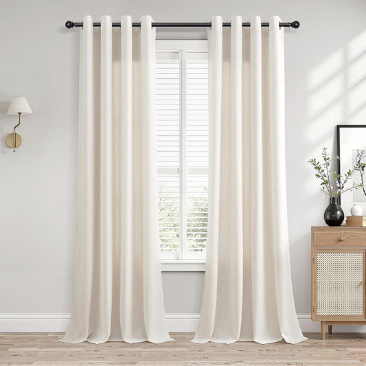 SMABU Linen Grommet Curtains 84 Inches Long for Living Room Cream 2 Panels