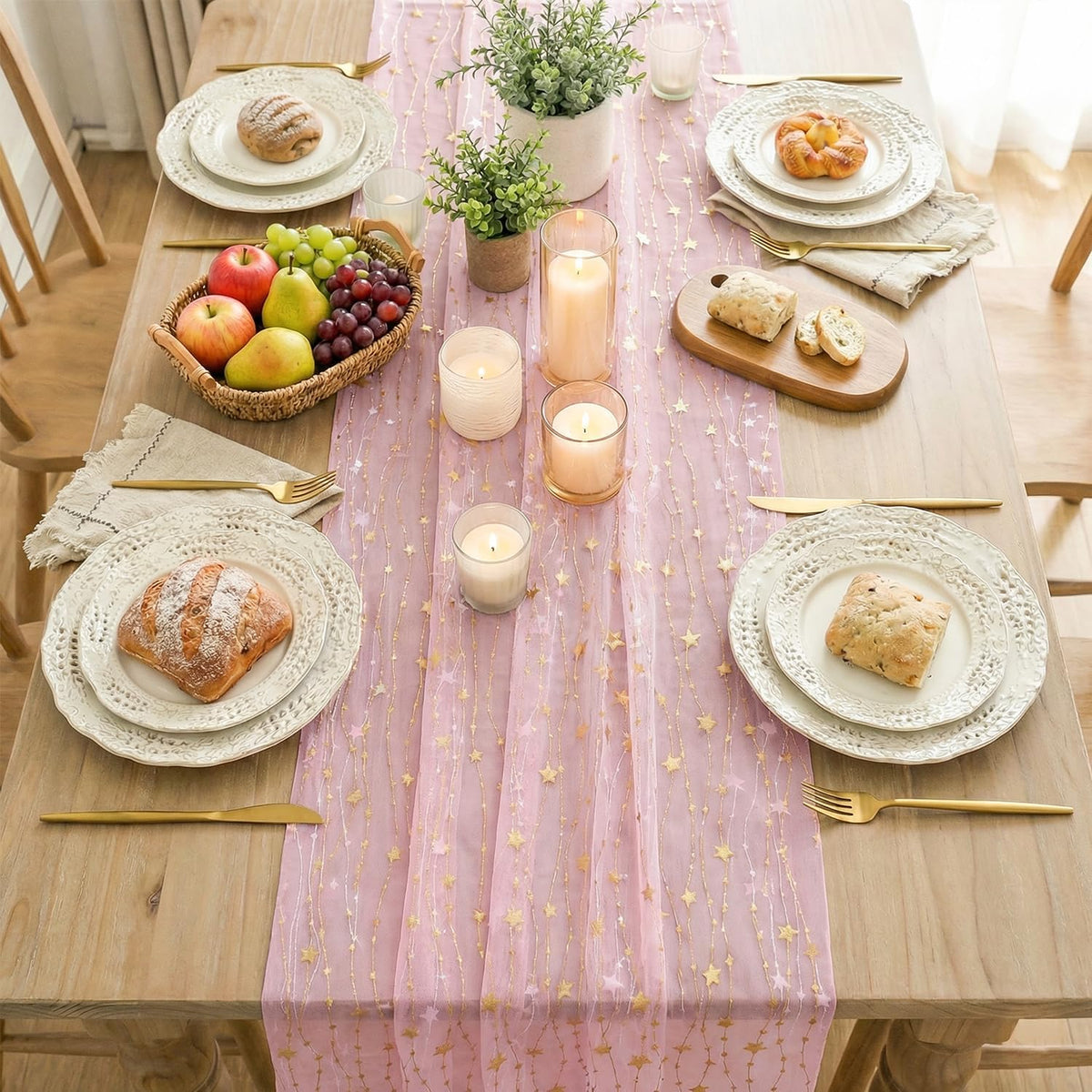 Artoid Mode Stars Pink Gauze Table Runner 10FT, Glitter Metallic Foil Sheer Dining Wedding Anniversary Holiday Birthday Table Decor for Home Party