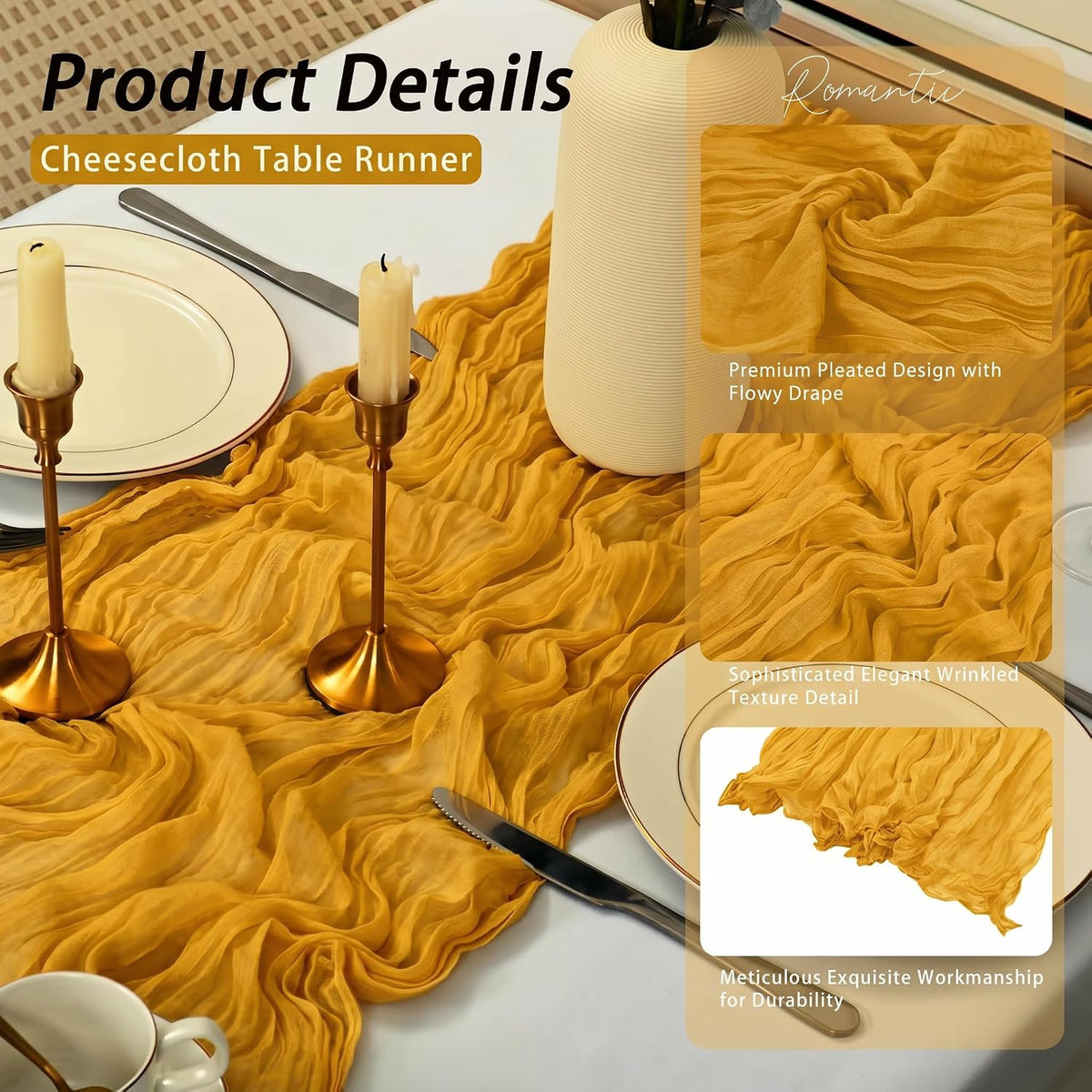 8 Pack Gold Cheesecloth Table Runner 17x108 inch Boho Gauze Cheese Cloth Table Runners for Wedding Party Baby Bridal Shower Home Decor