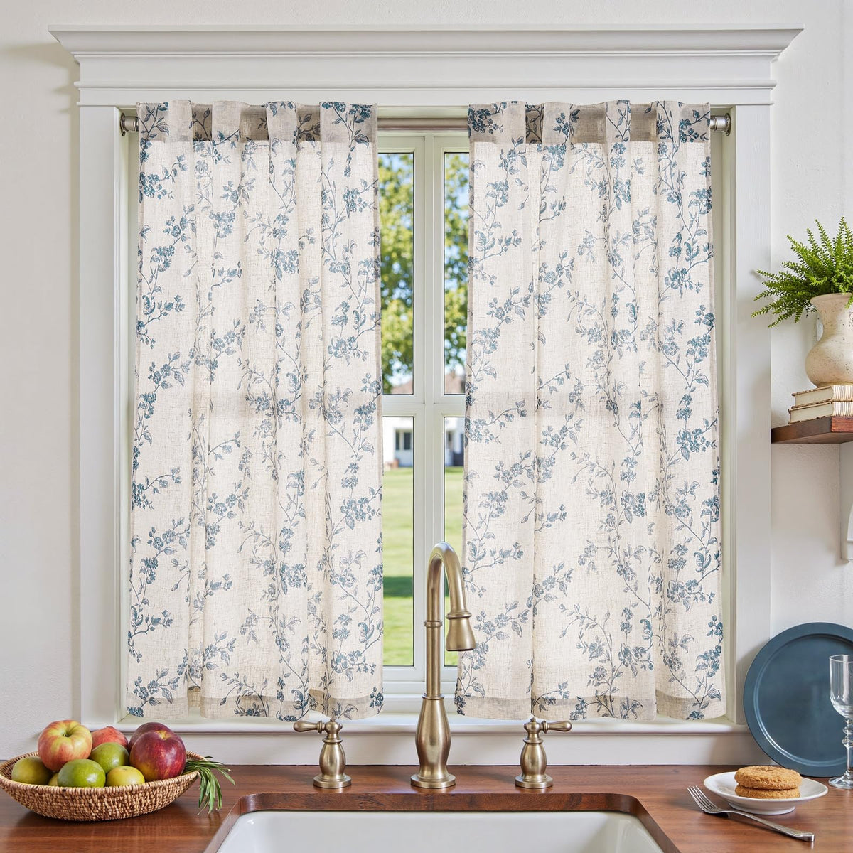 jinchan Floral Linen Kitchen Tier Curtains, 36 Inch, 2 Panels, Green